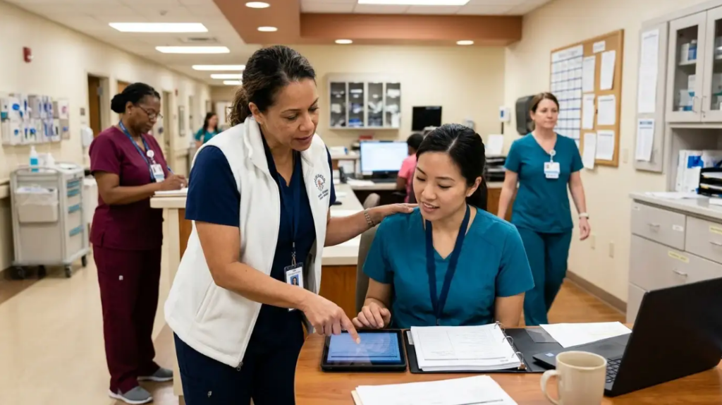 Preceptor Guiding a New Nurse Through Tiered Orientation Training | Creative Health Care Insight