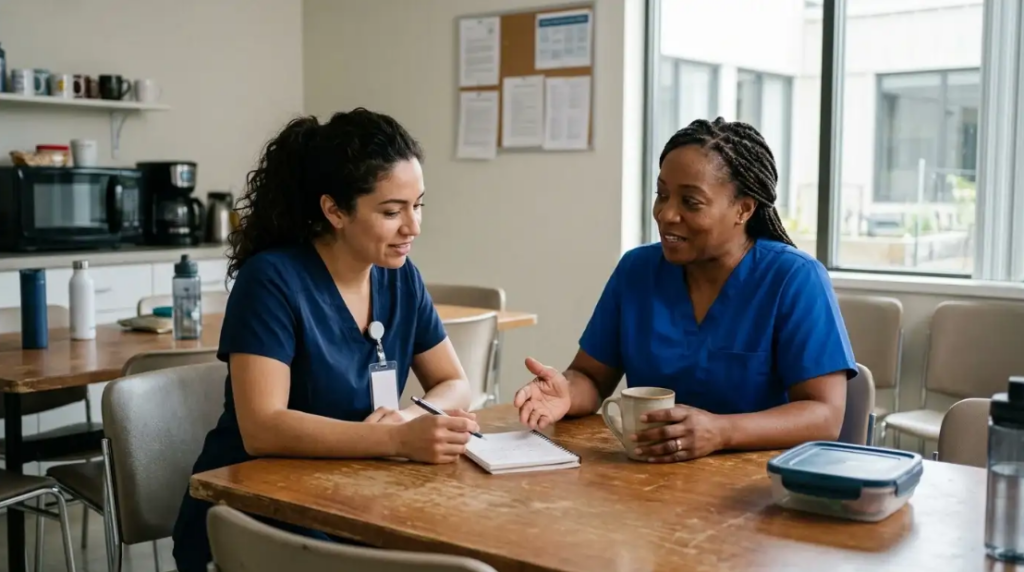 Two Nurses Discussing Peer Feedback During a Shift Break | Creative Health Care Insight